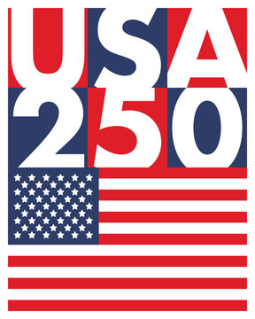 United States of America 250th Anniversary. 250 years. USA Independence Day 2026. 4th of July. Graphic with National Flag and Patriotic Stars. Vector