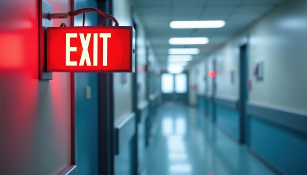 Red EXIT sign glows above hospital corridor. Lights reflect on shiny floor leading to distant doors. Safety symbol indicates escape route in emergency.