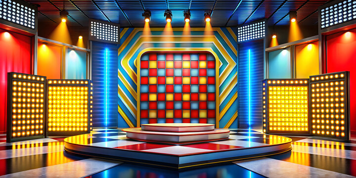 Colorful television game show stage set with empty center podium marquee lights and glowing tile backdrop