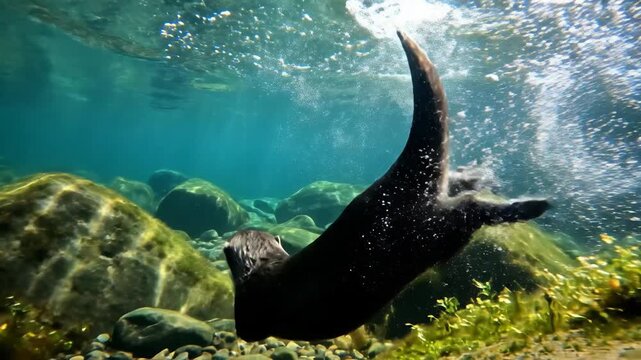 Playful Otter Dives Deep into Rippling River Water