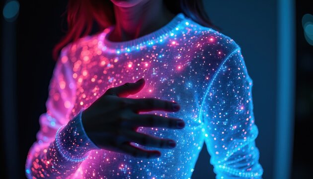Woman wears glowing sweater with fiber optics. Futuristic clothing shines with pink and blue lights. Smart textile connects to tech, fashion innovation.
