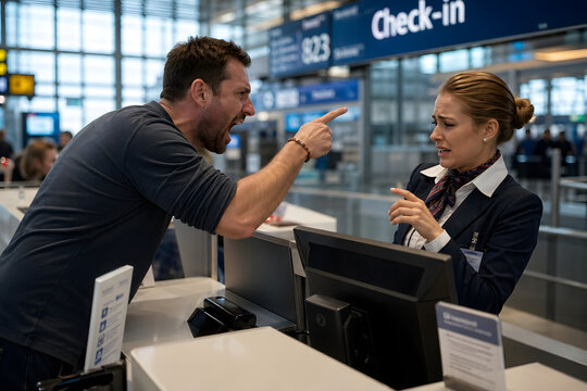 Airport check-in agent facing aggressive passenger at counter, high tension conflict in modern terminal, customer service stress, travel disruption concept, realistic workplace pressure scene

