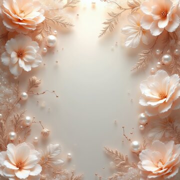 Delicate floral pattern with soft peach flowers, pearls and gold branches. Elegant feminine background for cards, invitations, and beauty products. Gentle airy decor.