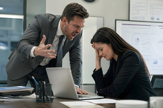 Angry boss shouting at stressed office worker in modern workplace, emotional conflict, toxic leadership, workplace pressure, corporate tension, realistic business scene.
