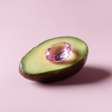halved avocado with pink gemstone as pit on soft pink background, luxury food fusion concept