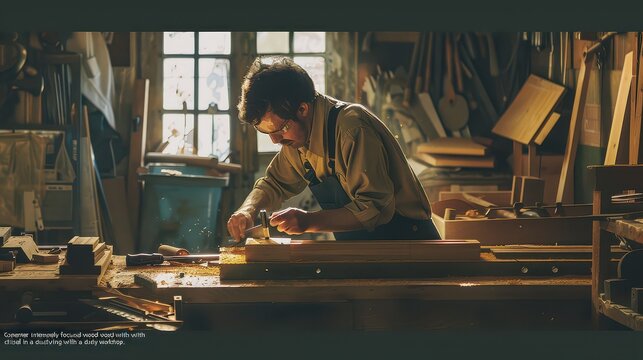"Carpenter intensely focused while carving wood with a chisel in a dusty workshop." --ar 16:9 --v 6 Job ID: 8f608aa5-f4c9-4738-ada2-6e17bd07506f