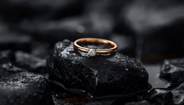 Elegant Gold Diamond Ring on Wet Black Volcanic Stone, Luxury Jewelry Still Life Photography with Water Droplets