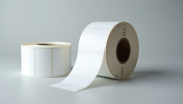 Blank white adhesive label rolls ready for thermal transfer printing. Sheets are separated on the roll for easy use. Use for product identification.