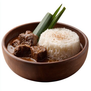 Malaysian beef rendang with bamboo-cooked lemang rice, isolated on transparent background, professional food photography, high resolution