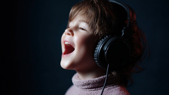 Young child singing passionately with headphones and microphone in recording studio