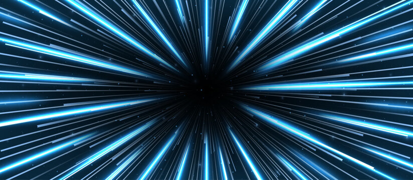 Realistic blue hyperspace travel tunnel background. Abstract with open space star warp. Speed of light journey concept. Vector illustration