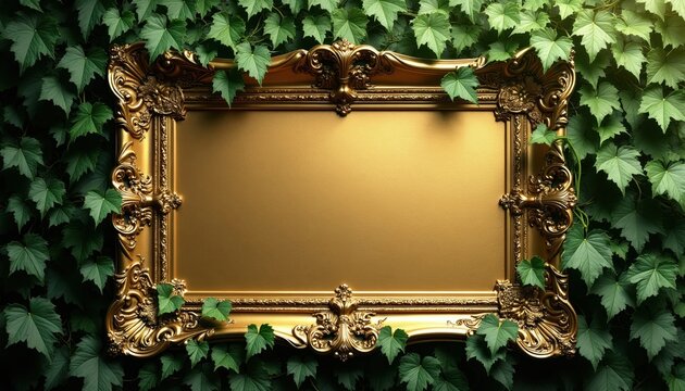 Ornate golden frame with detailed carvings surrounded by green ivy leaves. Provides elegant space for text images. Classic vintage border suitable for various design needs. Luxury plant decoration.