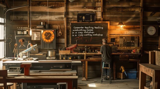 "Carpenter teaching woodworking classes in a cozy workshop." --ar 16:9 --v 6 Job ID: d36ca808-94e1-4a2d-a3ea-8e037eb1f103