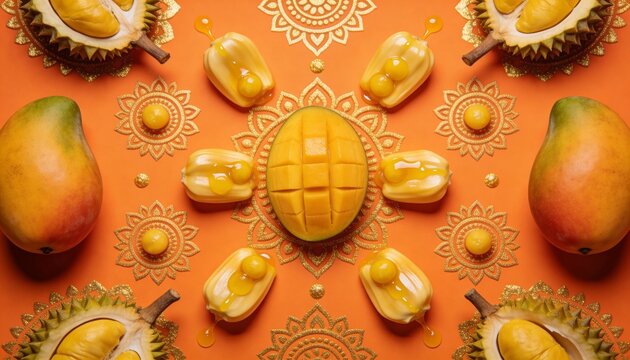 Mango and jackfruit arranged as a circular mandala pattern on orange background with gold glitter. Traditional fruit decoration for Savitri Amavasya and Buddhist festive celebration.