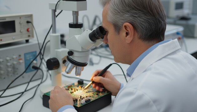Engineer soldering electronic circuit board under microscope in lab