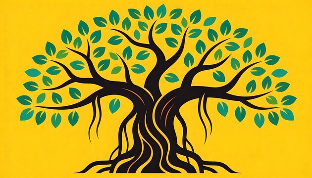 Banyan tree silhouette with green foliage on a bright yellow background. Sacred botanical illustration representing spiritual growth, Savitri Amavasya, Buddhist festival culture.