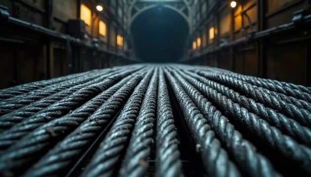 Rows of thick steel cables in industrial elevator shaft. Heavy duty ropes go deep into dark tunnel. Old industrial building interior with lighting, mechanical engineering theme.