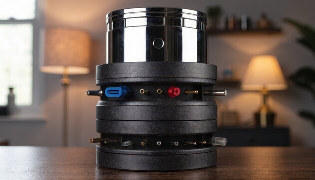Focused medium frame of a plugin central maintenance hub showing sensor connectivity ports set against a subtly outoffocus techfilled home environment