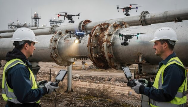 Inspectors operating drones equipped with sensors to conduct corrosion and leak inspection on largescale outdoor pipelines focusing on hardtoreach flanges and joints.