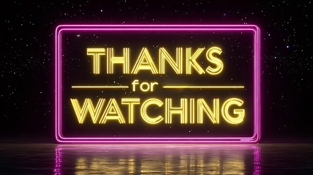 Neon thanks for watching sign glowing in retro synthwave colors over a starry night sky with reflective surface, evoking 80s cyberspace outro and vibrant nightlife vibe