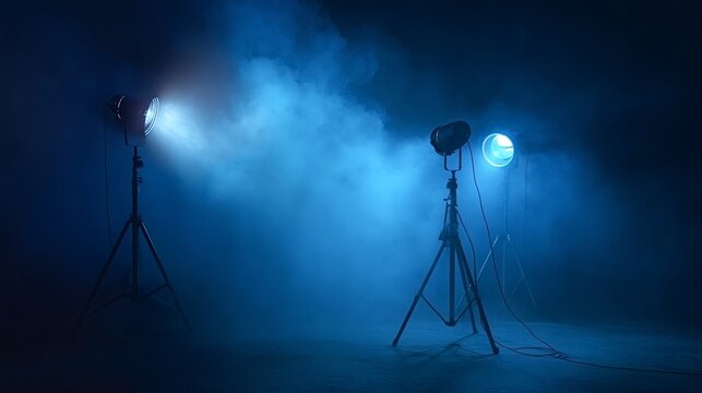 Studio spotlights with tripods creating intense blue lighting through diffused smoke and fog on a dark stage, setting a mood for a performance or production