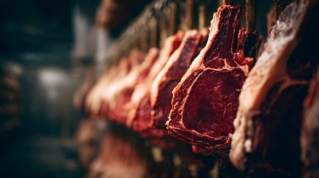 Rows of fresh red beef ribeye steaks with prominent marbling hanging on hooks in a cool, dimly lit meat locker, undergoing a traditional dry aging process