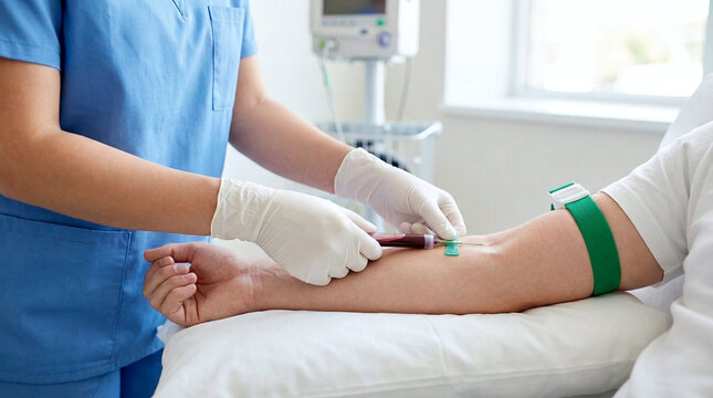 Nurse drawing blood from patient's arm for medical test in clinic