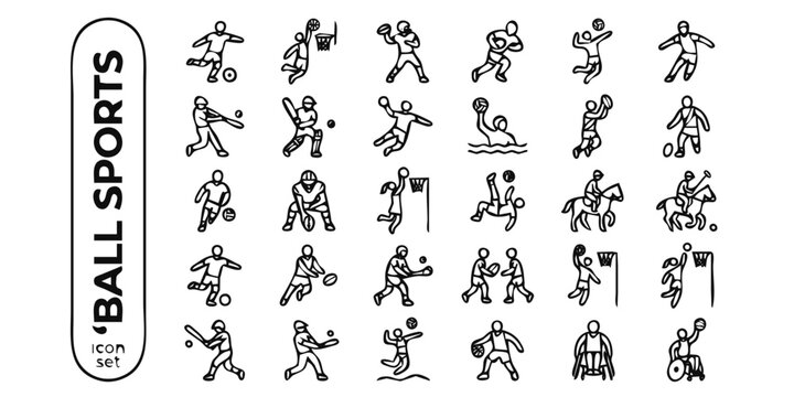 Global Ball Sports Bold Line Icons-Soccer Basketball Rugby Volleyball Baseball Cricket Handball Polo Sepak Takraw Netball Gaelic-25 Ball Sports Icon Set Vector