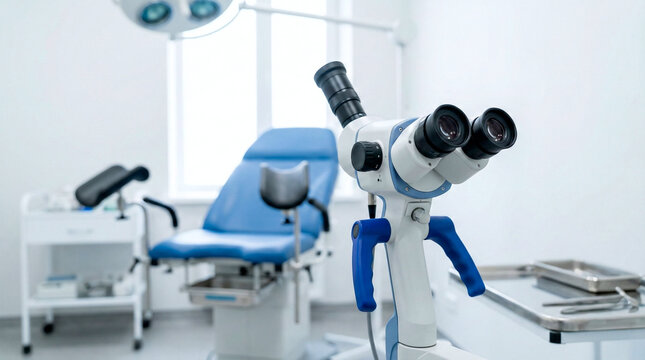 Modern gynecological examination room with colposcope and examination chair