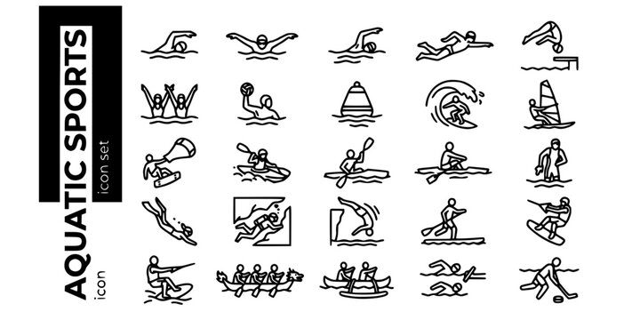 Aquatic Water Sports Bold Line Icons-Swimming Diving Surfing Windsurfing Kayaking Rowing Triathlon Freediving SUP Waterpolo Kitesurfing-25 Aquatic Sports Icon Set Vector