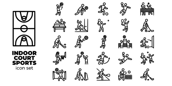 Indoor Court Sports Bold Line Icons-Basketball Volleyball Futsal Handball Badminton Squash Pickleball Floorball Netball Indoor Soccer-25 Court Sports Icon Set Vector
