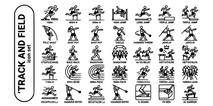 Track Field Athletics Bold Line Icons-Sprint Hurdles High Jump Long Jump Triple Jump Pole Vault Shot Put Discus Hammer Javelin Marathon-25 Athletics Icon Set Vector