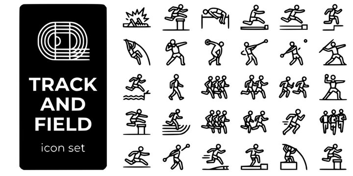 Track Field Athletics Bold Line Icons-Sprint Hurdles High Jump Long Jump Triple Jump Pole Vault Shot Put Discus Hammer Javelin Marathon-25 Athletics Icon Set Vector