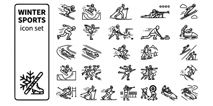Winter Ice Sports Bold Line Icons-Alpine Skiing Snowboard Biathlon Ski Jump Speed Skating Figure Skating Curling Luge Skeleton-25 Winter Sports Icon Set Vector
