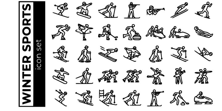 Winter Ice Sports Bold Line Icons-Alpine Skiing Snowboard Biathlon Ski Jump Speed Skating Figure Skating Curling Luge Skeleton-25 Winter Sports Icon Set Vector