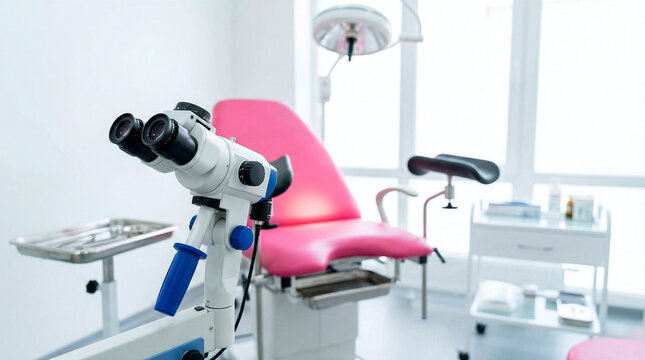Gynecologist examination room with colposcope and pink chair for patient care