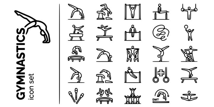 Gymnastics Acrobatics Bold Line Icons-Floor Vault High Bar Rings Pommel Beam Uneven Bars Rhythmic Trampoline Tumbling Acrobatic-25 Gymnastics Icon Set Vector