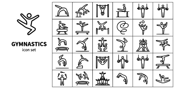 Gymnastics Acrobatics Bold Line Icons-Floor Vault High Bar Rings Pommel Beam Uneven Bars Rhythmic Trampoline Tumbling Acrobatic-25 Gymnastics Icon Set Vector