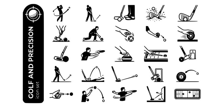 Golf Precision Stick Sports Bold Line Icons-Driver Iron Putter Bunker Chip Croquet Bowls Petanque Bocce Disc Golf Shuffleboard-25 Golf Precision Icon Set Vector