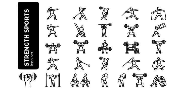 Throwing Strength Sports Bold Line Icons-Shot Put Hammer Discus Javelin Highland Games Caber Sheaf Powerlifting Weightlifting Deadlift-25 Strength Sports Icon Set Vector