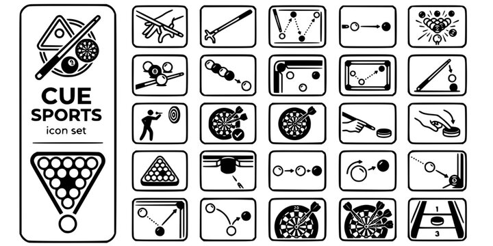 Billiards Cue Sports Bold Line Icons-Pool Snooker Carom Billiards Nine-Ball Eight-Ball Trick Shot Darts Masse Jump Shuffleboard-25 Cue Sports Icon Set Vector