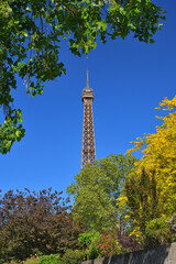 Obraz premium Eiffel Tower viewed from the Seine riverbank in Paris, low angle perspective, April 23, 2026