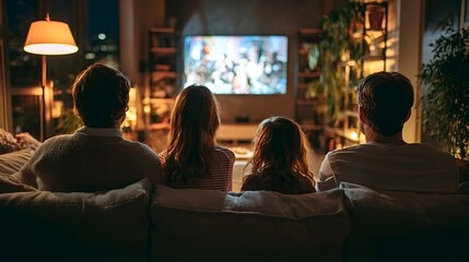 Naklejka premium Family enjoying a cozy evening by relaxing on the sofa, watching a movie or tv show on the screen, spending quality time and leisure in their living room