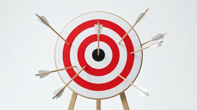 Arrows striking bullseye target with missed shots on white background