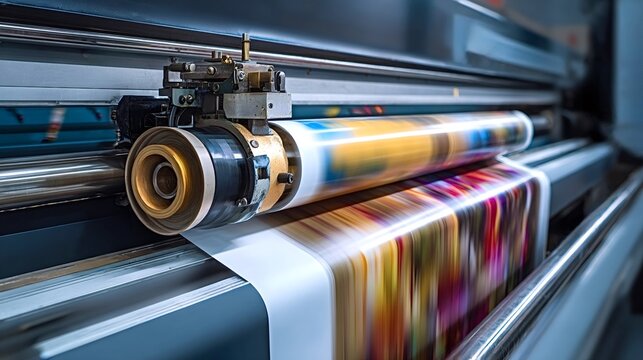 High speed industrial printing machine operating, rollers applying vibrant ink colors onto a continuous sheet of paper, demonstrating modern manufacturing technology and production processes
