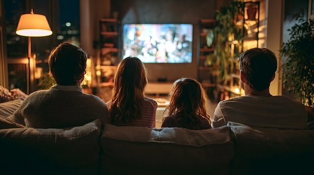 Family enjoying a cozy evening by relaxing on the sofa, watching a movie or tv show on the screen, spending quality time and leisure in their living room