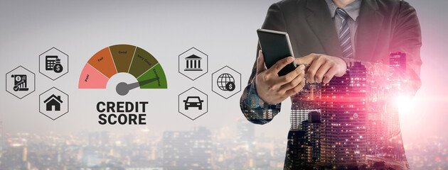 A business professional stands with a smartphone, featuring credit score indicators in an urban backdrop, showcasing the intersection of finance and technology in modern lifestyles. Ledger © InfiniteFlow