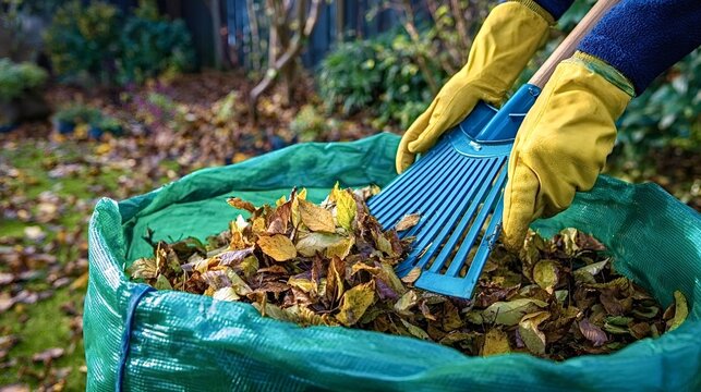 Gloved hands using a blue rake to gather golden autumn leaves into a reusable green garden bag during seasonal yard cleanup and home gardening maintenance