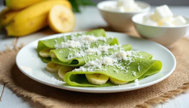 Green crepes filled with banana slices and topped with grated coconut. Healthy, refreshing dessert or snack made with pandan leaf and plantain. Served on white plate with fresh bananas in background.