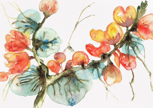 Blooming Branch with Turquoise Leaves and Coral Flowers, Botanical Watercolor, Hand Painted Watercolor